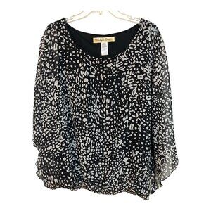 Y2K Aqua Blues Women’s 3X Flutter Sleeve Sheer Overlay Blouse Black White Animal